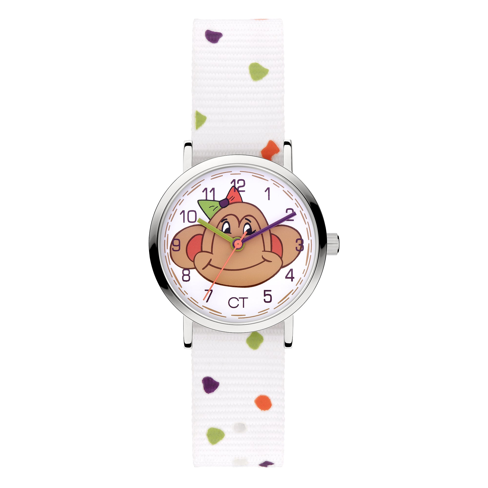 Cool Time Kids Armbanduhr mit Affen-Design auf dem Zifferblatt, silbernem Gehäuse und weißem Textilarmband mit bunten Punkten; Produktbild