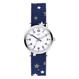 Cool Time Kids Armbanduhr mit silbernem Zifferblatt und blauem Textilband mit kleinen, weißen Sternen; Produktbild