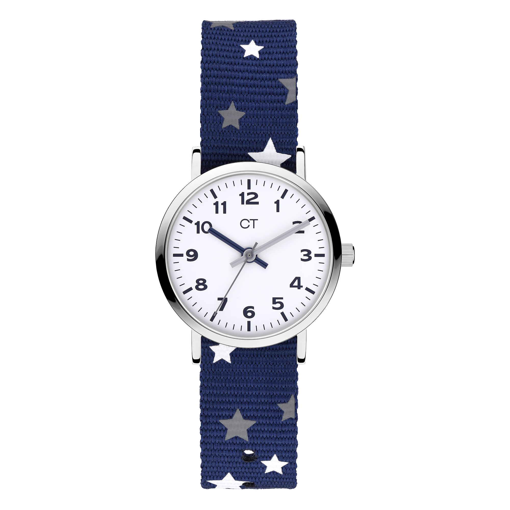 Cool Time Kids Armbanduhr mit silbernem Zifferblatt und blauem Textilband mit kleinen, weißen Sternen; Produktbild