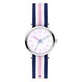 Cool Time Kids Armbanduhr mit rosa Indizes, silbernem Gehäuse und blau-weiß-rosa gestreiftem Textilband; Produktbild