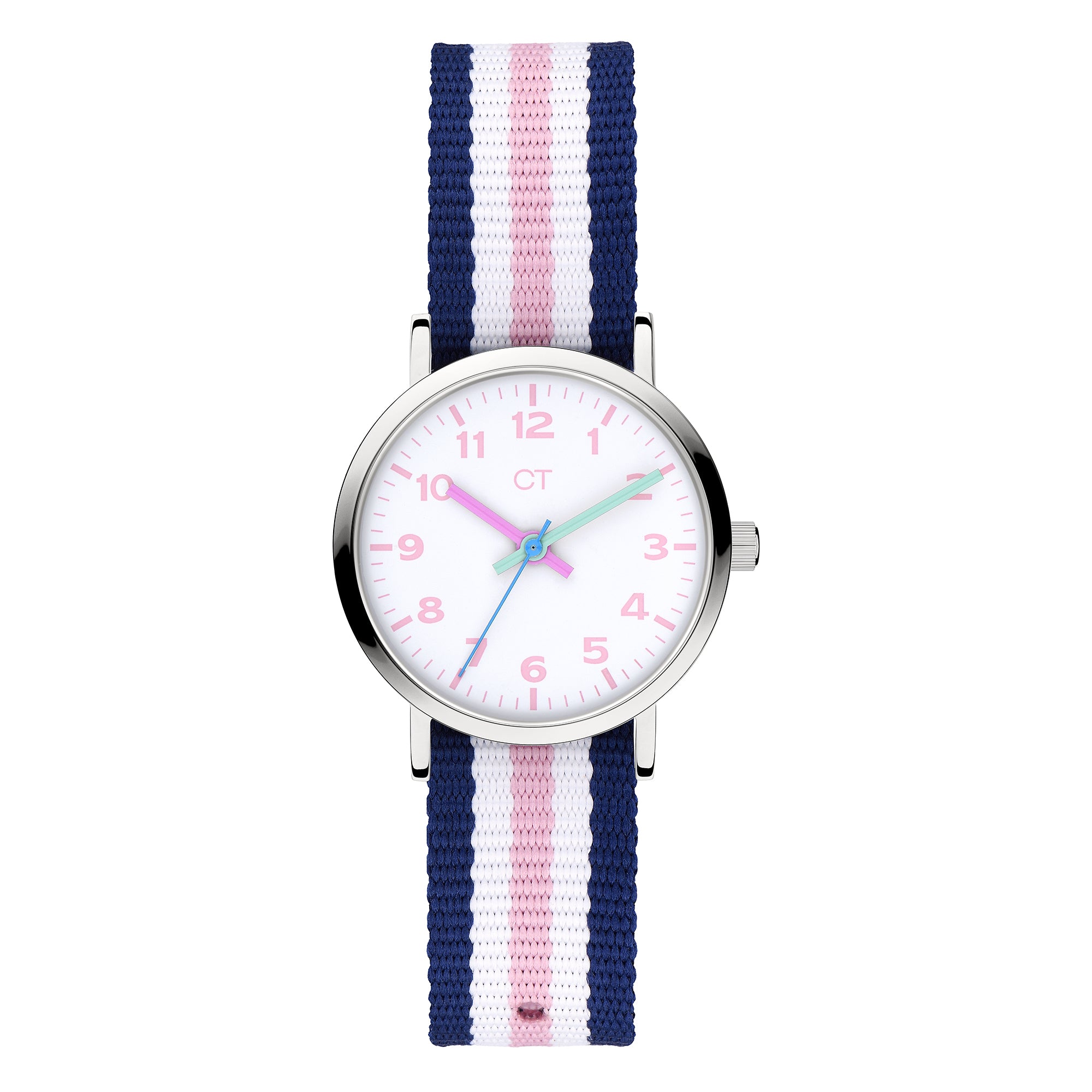 Cool Time Kids Armbanduhr mit rosa Indizes, silbernem Gehäuse und blau-weiß-rosa gestreiftem Textilband; Produktbild