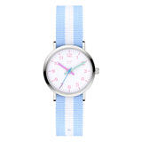 Cool Time Kids Armbanduhr mit rosa Indizes, silbernem Gehäuse und blau-weiß gestreiftem Textilband; Produktbild