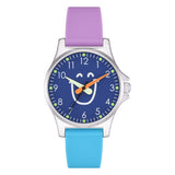 Cool Time Kids Armbanduhr mit lila Zifferblatt mit Smiley-Motiv, silbernem Gehäuse und lila-blauem Silikongehäuse; Produktbild