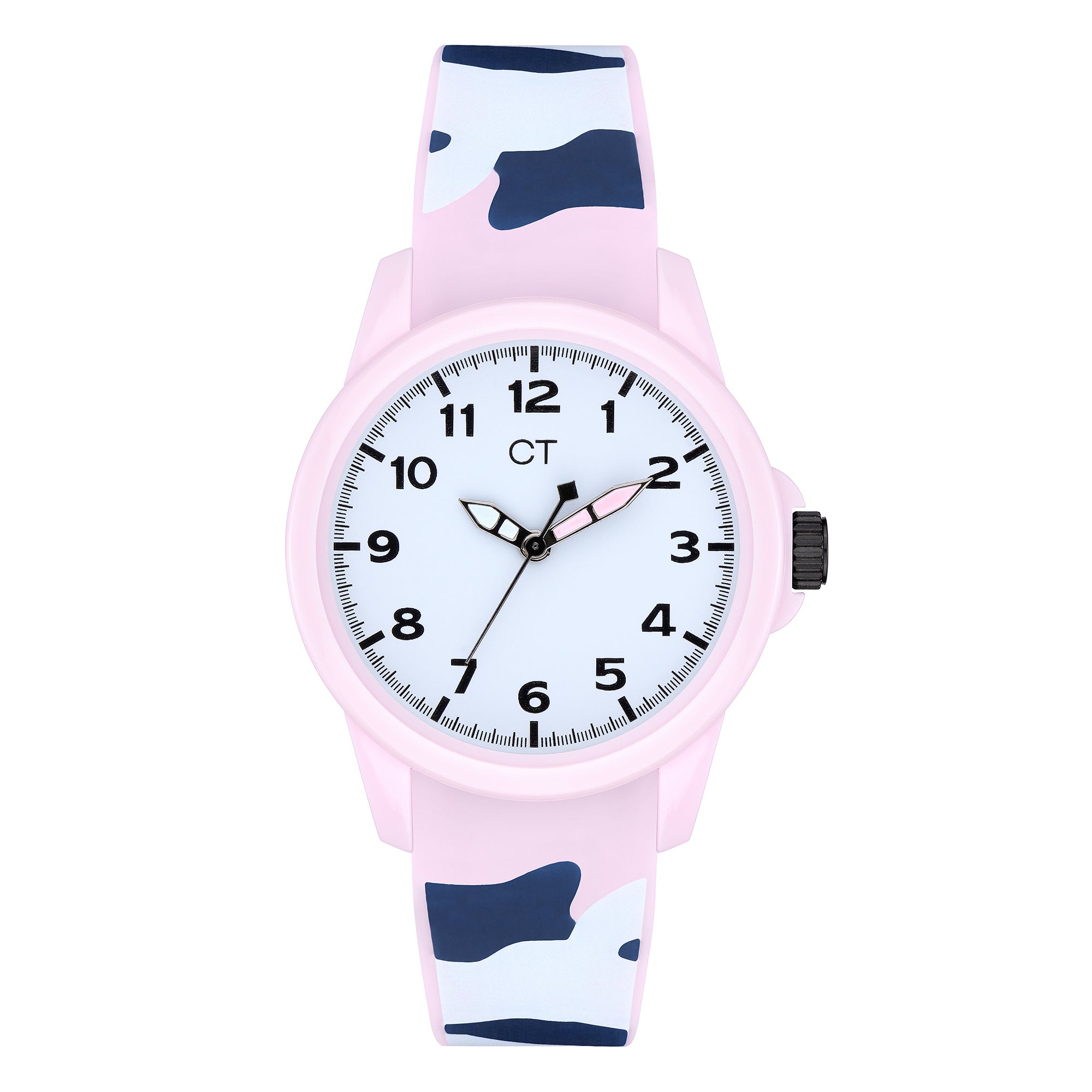 Cool Time Kids Armbanduhr mit hellblauem Zifferblatt, rosa Kunststoffehäuse und Silikonband im Camouflage-Design in den Farben blau und hellblau; Produktbild