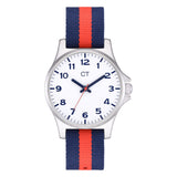 Cool Time Kids Armbanduhr mit blauen Indizes, silbernem Gehäuse und blau-rot getsreiftem Textilband; Produktbild
