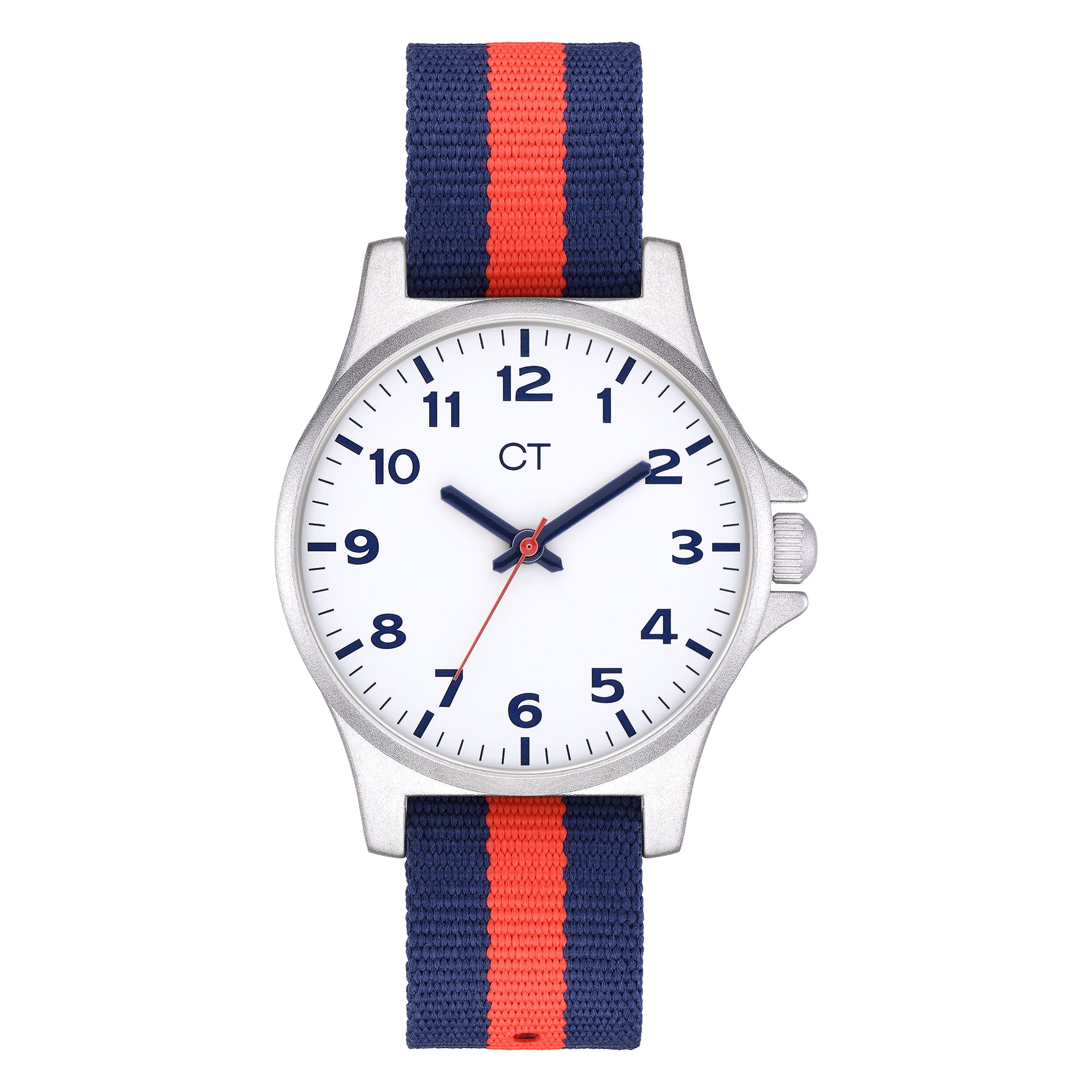 Cool Time Kids Armbanduhr mit blauen Indizes, silbernem Gehäuse und blau-rot getsreiftem Textilband; Produktbild