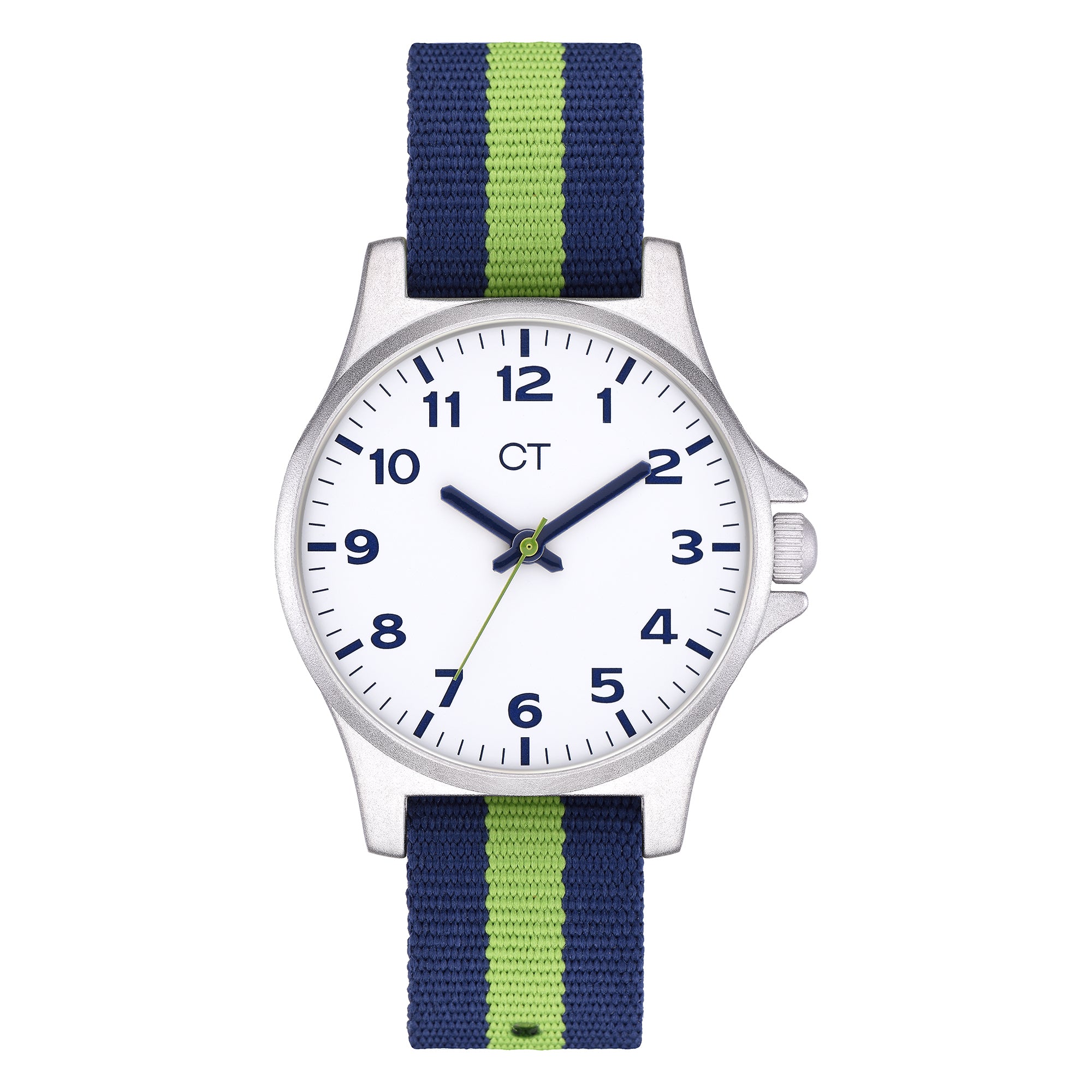 Cool Time Kids Armbanduhr mit blauen Indizes, silbernem Gehäuse und blau-grün getsreiftem Textilband; Produktbild