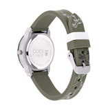 Rückansicht der Cool Time Kids Armbanduhr - The Cool Dinosaur von Cool Time, mit grünem Dinosaurier-Design und "ITS COOL TIME" auf dem Gehäuseboden - das perfekte spielerische Geschenk für Kinder.