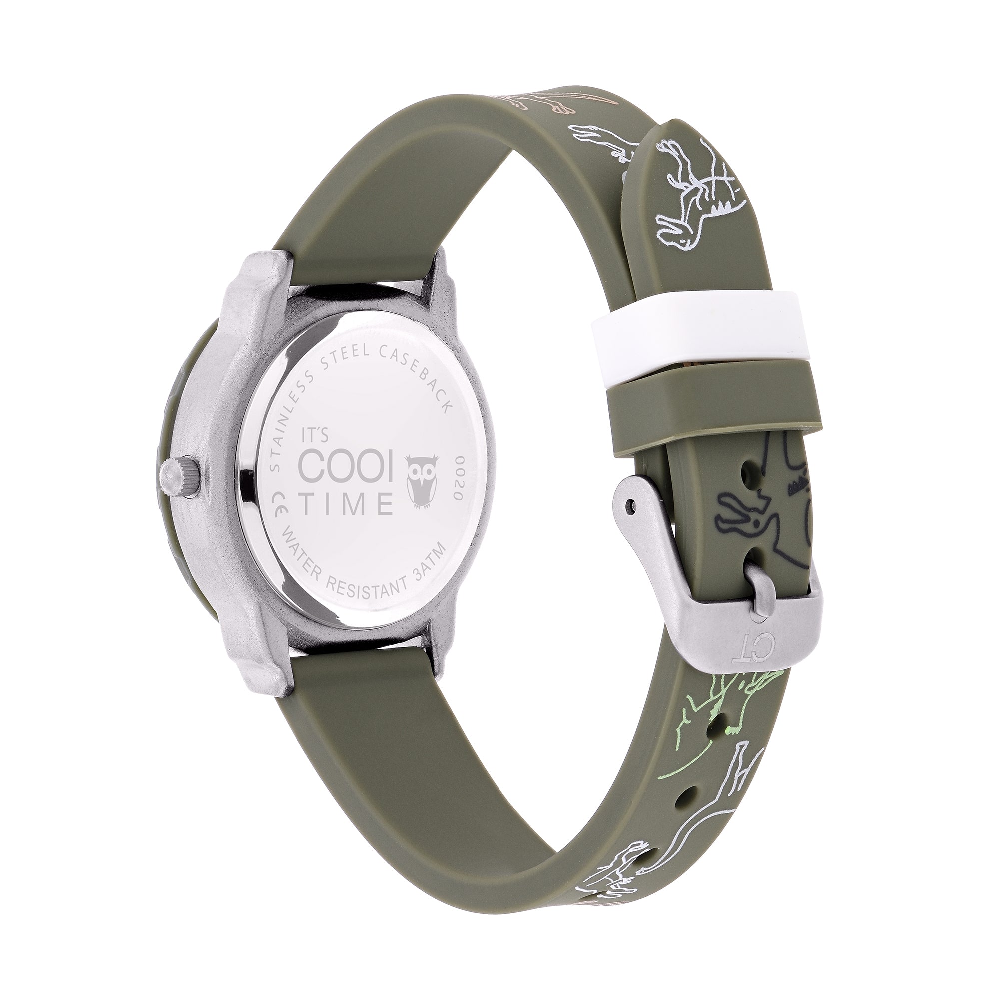 Cool Time Kids Armbanduhr mit Dino-Design auf dem Zifferblatt, grünem Gehäuse mit grünem, drehbarem Topring und grünem Kunstlederarmband mit Dino-Designs; Rückansicht