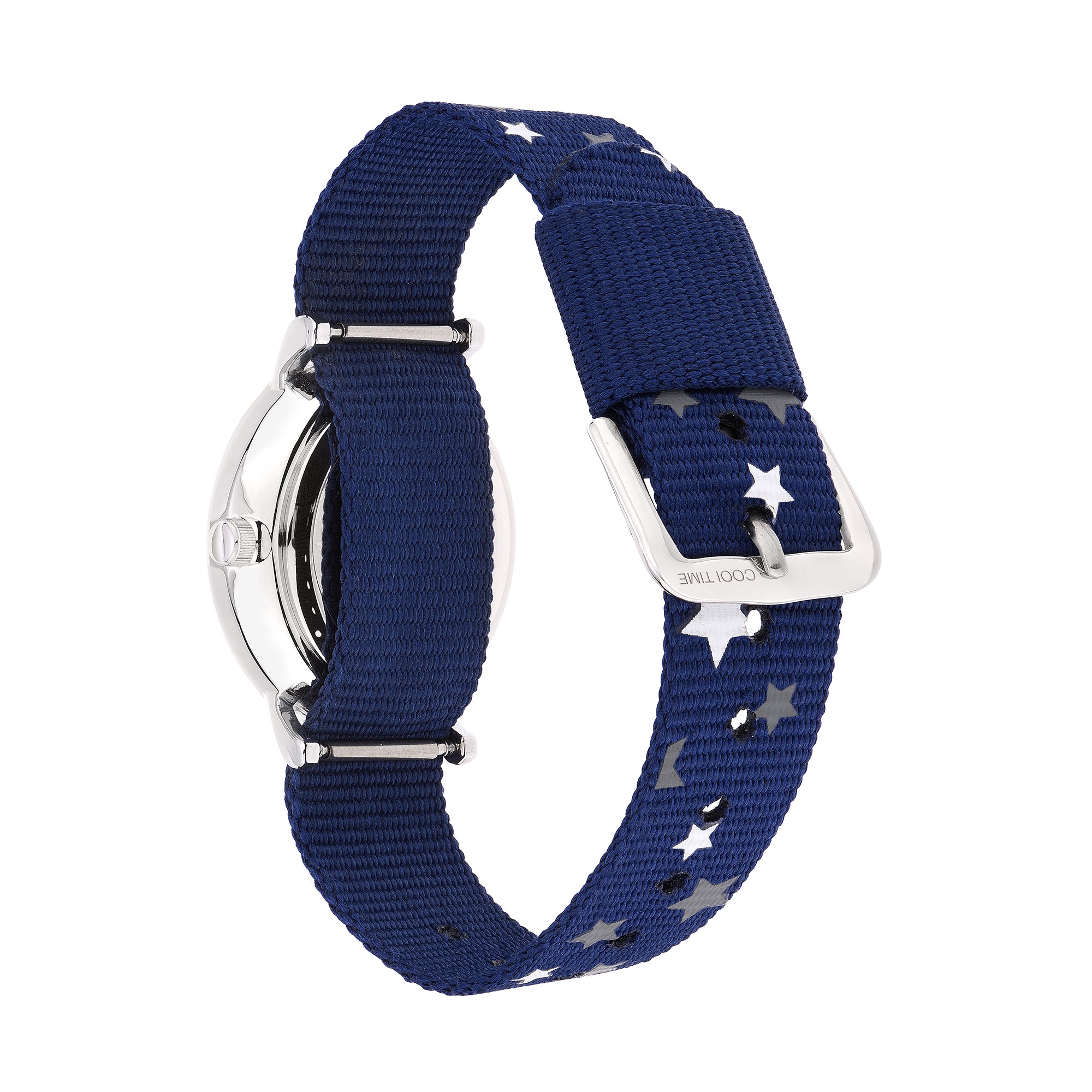 Cool Time Kids Armbanduhr mit silbernem Zifferblatt und blauem Textilband mit kleinen, weißen Sternen; Rückansicht