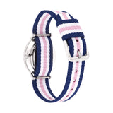 Cool Time Kids Armbanduhr mit rosa Indizes, silbernem Gehäuse und blau-weiß-rosa gestreiftem Textilband; Rückansicht