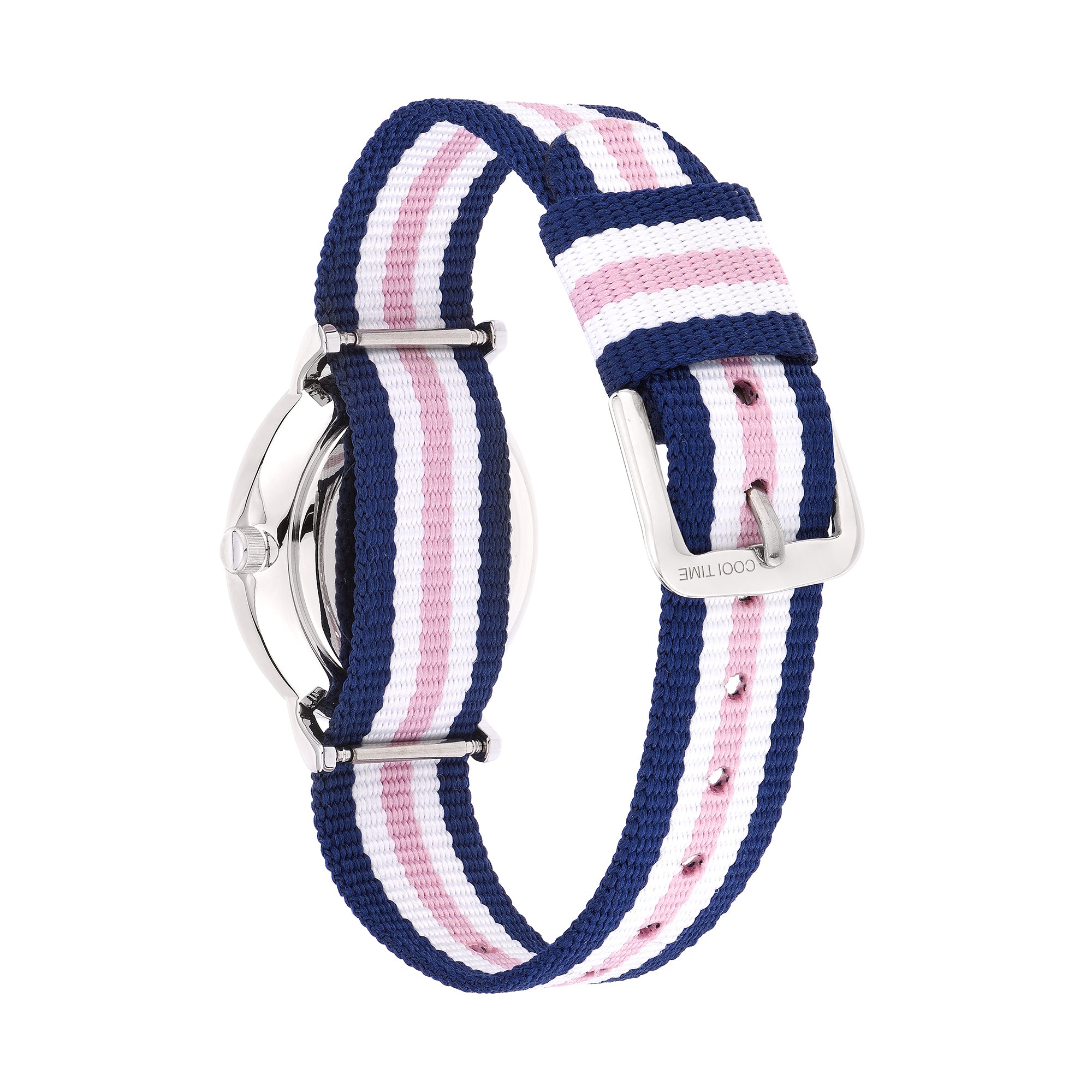 Cool Time Kids Armbanduhr mit rosa Indizes, silbernem Gehäuse und blau-weiß-rosa gestreiftem Textilband; Rückansicht