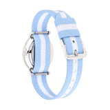 Cool Time Kids Armbanduhr mit rosa Indizes, silbernem Gehäuse und blau-weiß gestreiftem Textilband; Rückansicht