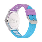 Cool Time Kids Armbanduhr mit lila Zifferblatt mit Smiley-Motiv, silbernem Gehäuse und lila-blauem Silikongehäuse; Rückansicht