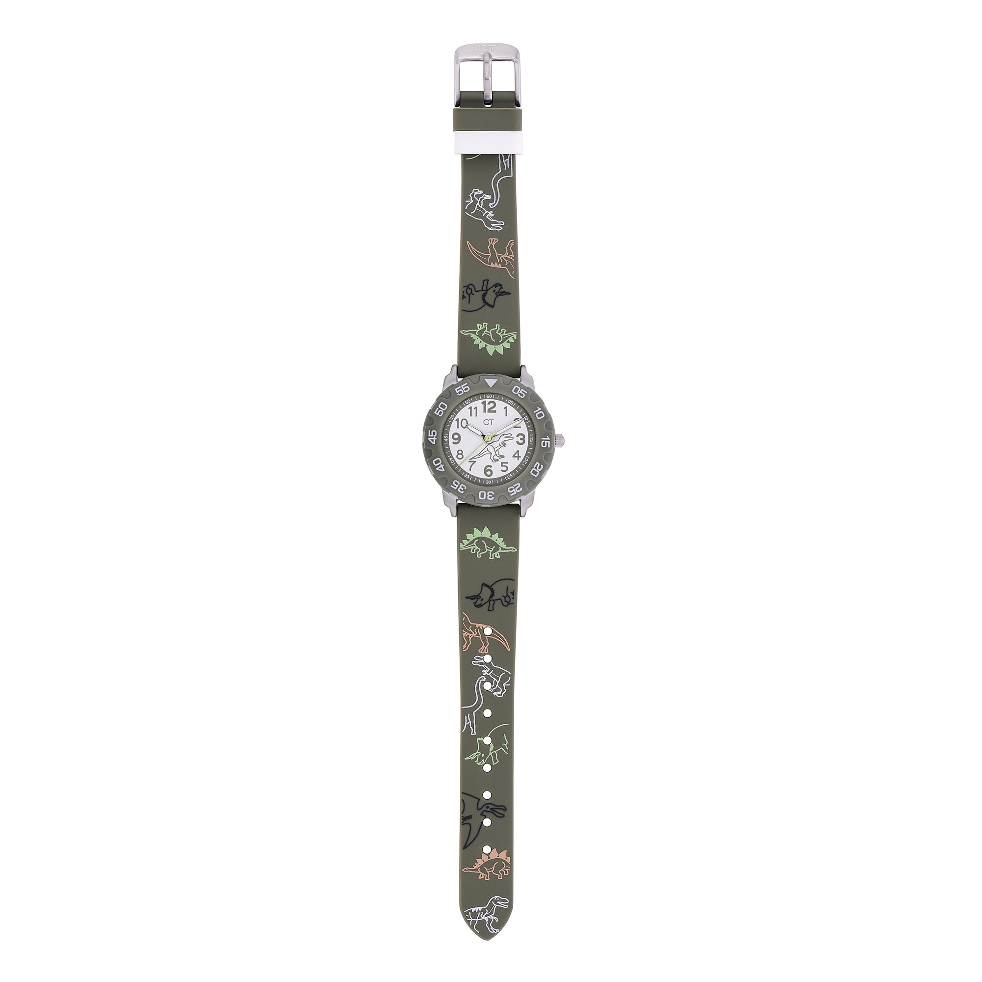 Cool Time Kids Armbanduhr mit Dino-Design auf dem Zifferblatt, grünem Gehäuse mit grünem, drehbarem Topring und grünem Kunstlederarmband mit Dino-Designs; Zusatzbild