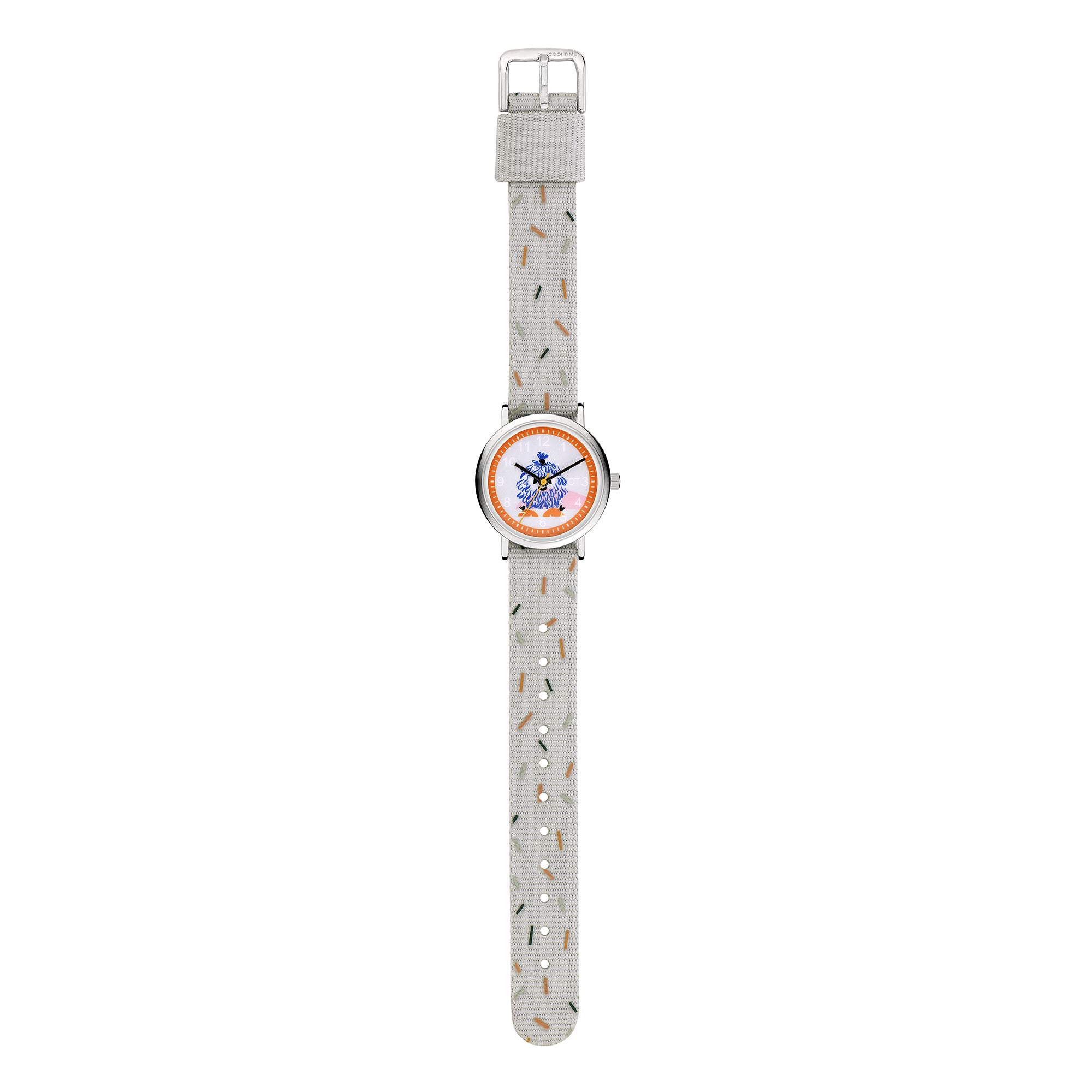 Cool Time Kids Armbanduhr mit Monster-Design auf dem Zifferblatt, silbernem Gehäuse und grauem Textilband; Zusatzbild