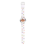 Cool Time Kids Armbanduhr mit Affen-Design auf dem Zifferblatt, silbernem Gehäuse und weißem Textilarmband mit kleinen bunten Flecken; Zusatzbild