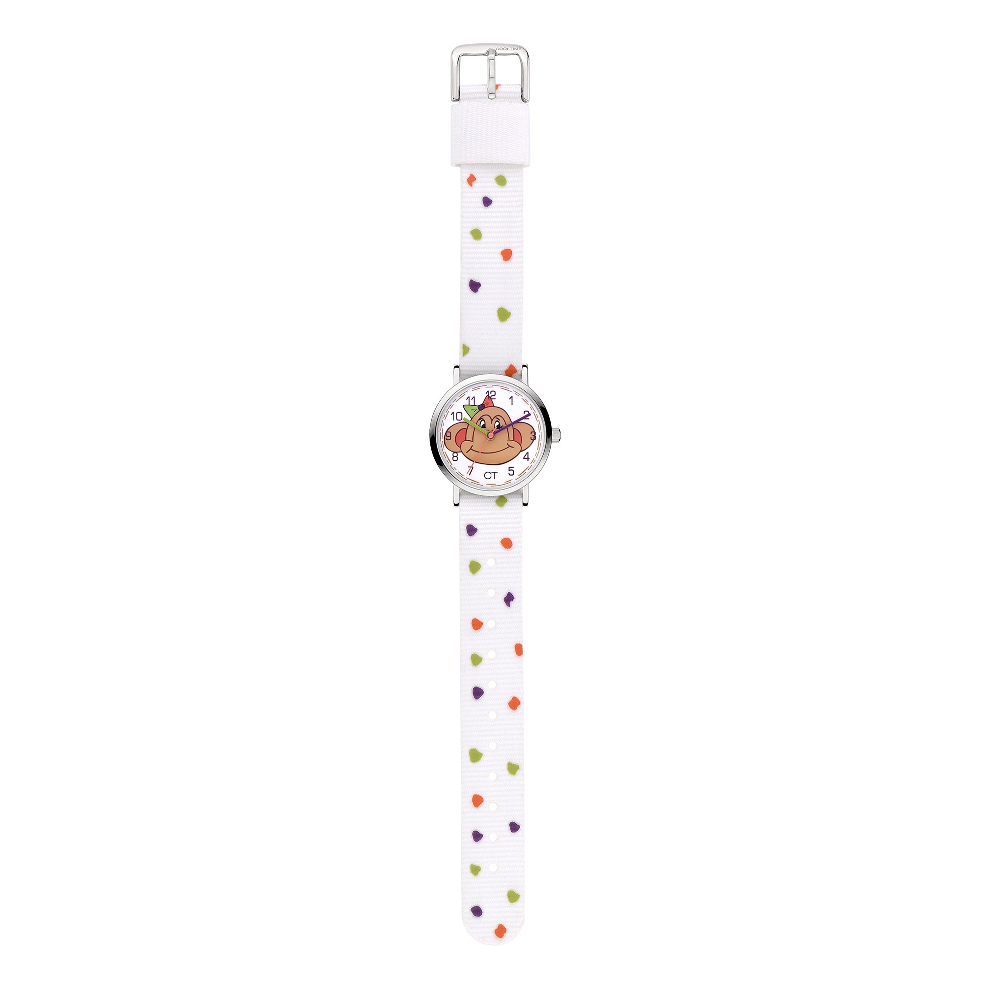 Cool Time Kids Armbanduhr mit Affen-Design auf dem Zifferblatt, silbernem Gehäuse und weißem Textilarmband mit kleinen bunten Flecken; Zusatzbild