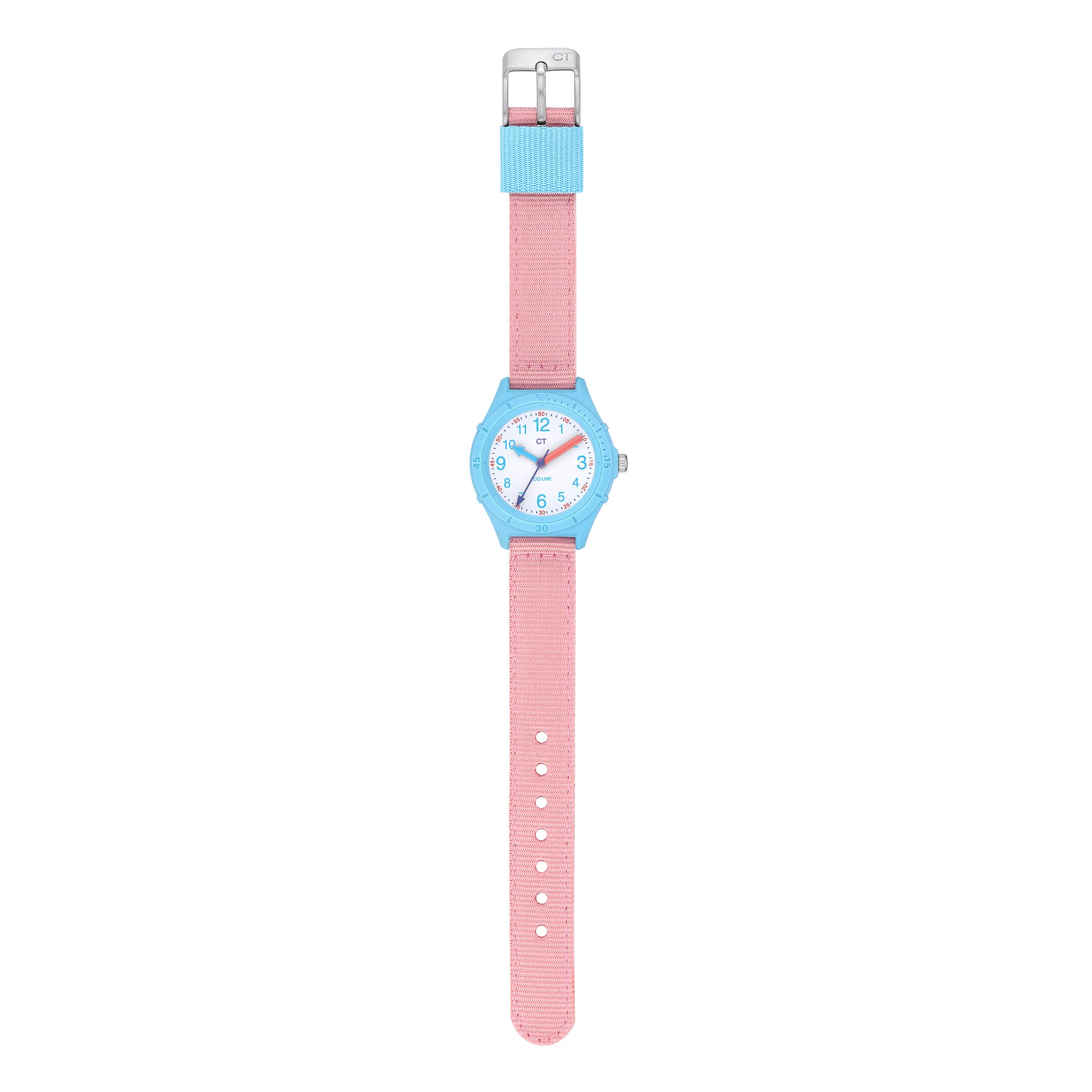 Cool Time Kids Armbanduhr mit blauen Indizes, blauem Gehäuse aus recycelten PET-Flaschen mit Topring und rosa Textilband aus recycelten Fischernetzen; Produktbild