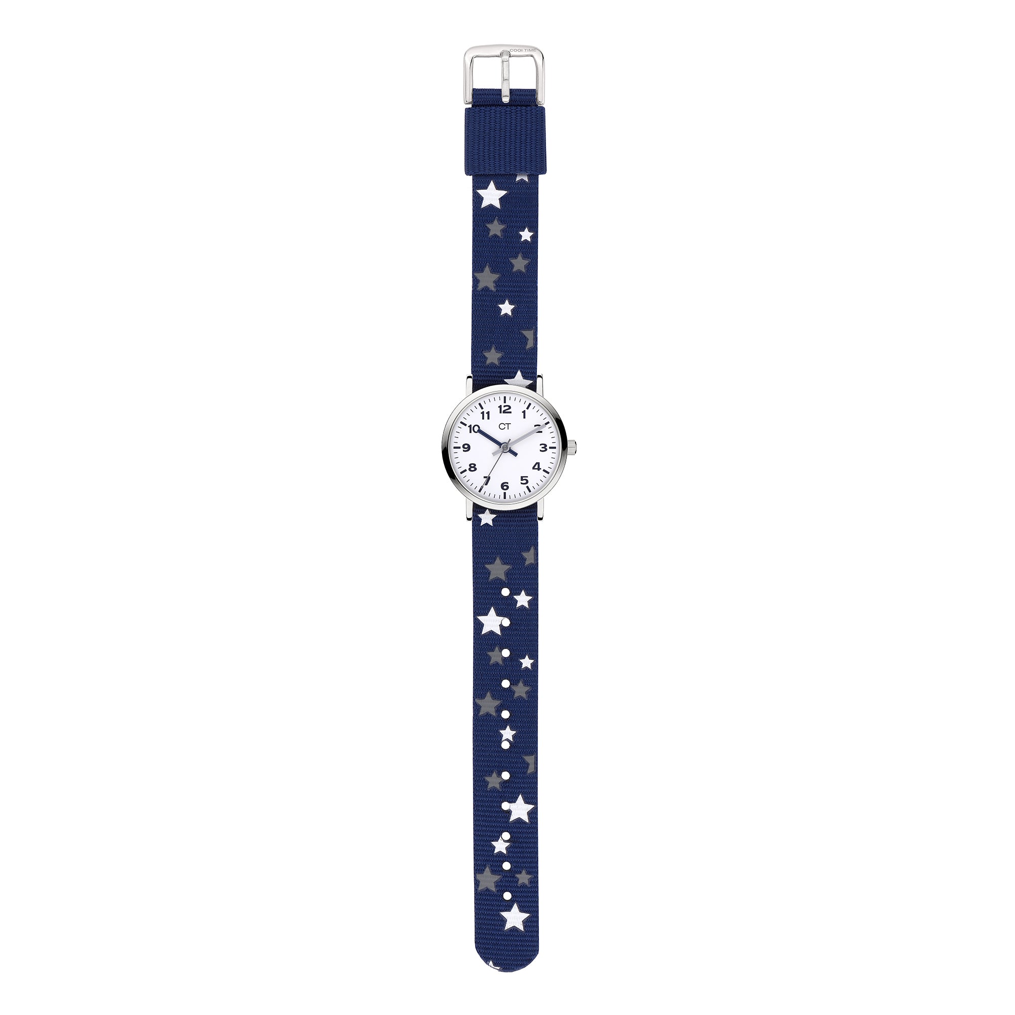 Cool Time Kids Armbanduhr mit silbernem Zifferblatt und blauem Textilband mit kleinen, weißen Sternen; Zusatzbild