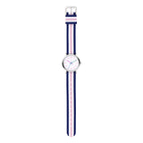 Cool Time Kids Armbanduhr mit rosa Indizes, silbernem Gehäuse und blau-weiß-rosa gestreiftem Textilband; Produktbild