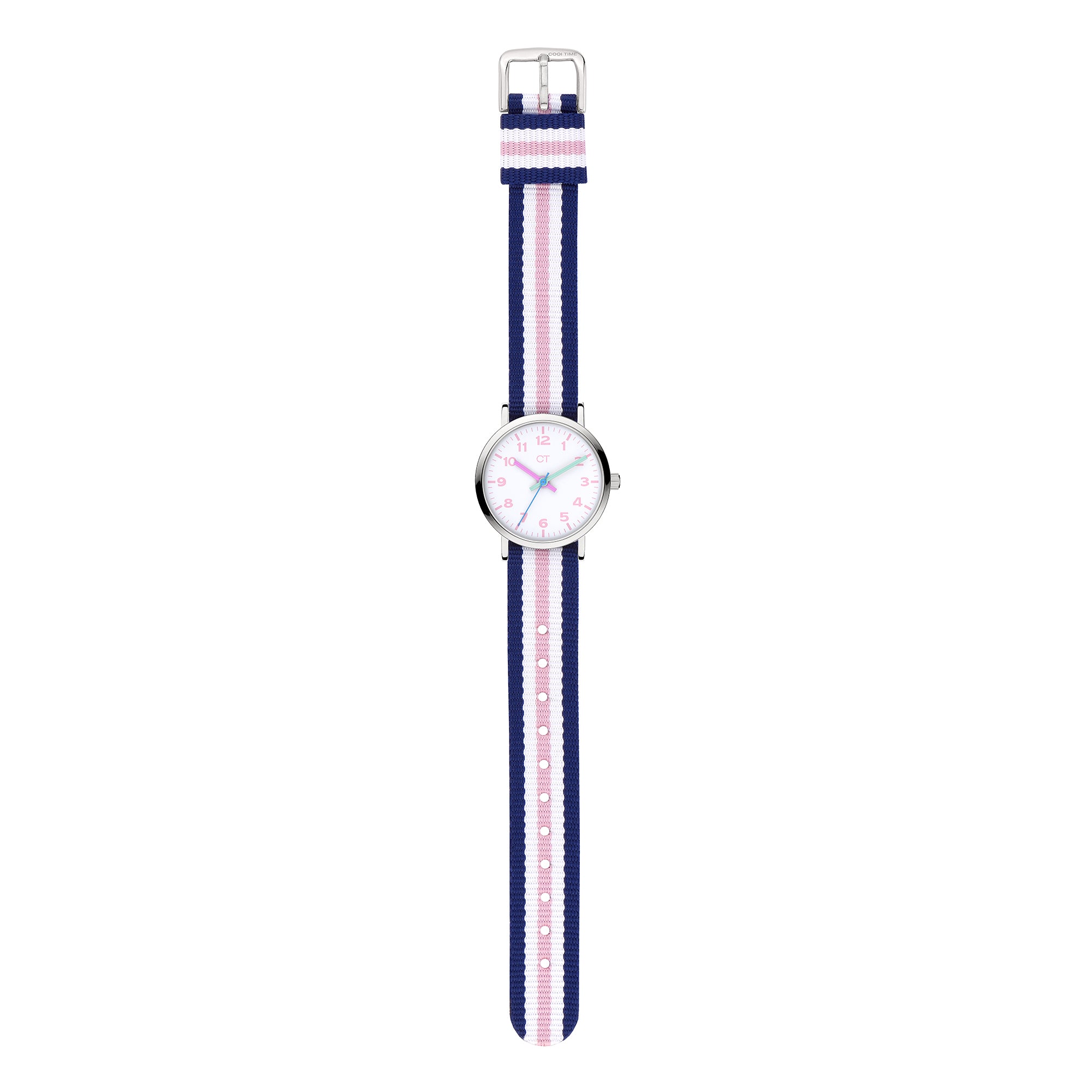 Cool Time Kids Armbanduhr mit rosa Indizes, silbernem Gehäuse und blau-weiß-rosa gestreiftem Textilband; Produktbild