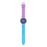 Cool Time Kids Armbanduhr mit lila Zifferblatt mit Smiley-Motiv, silbernem Gehäuse und lila-blauem Silikongehäuse; Produktbild