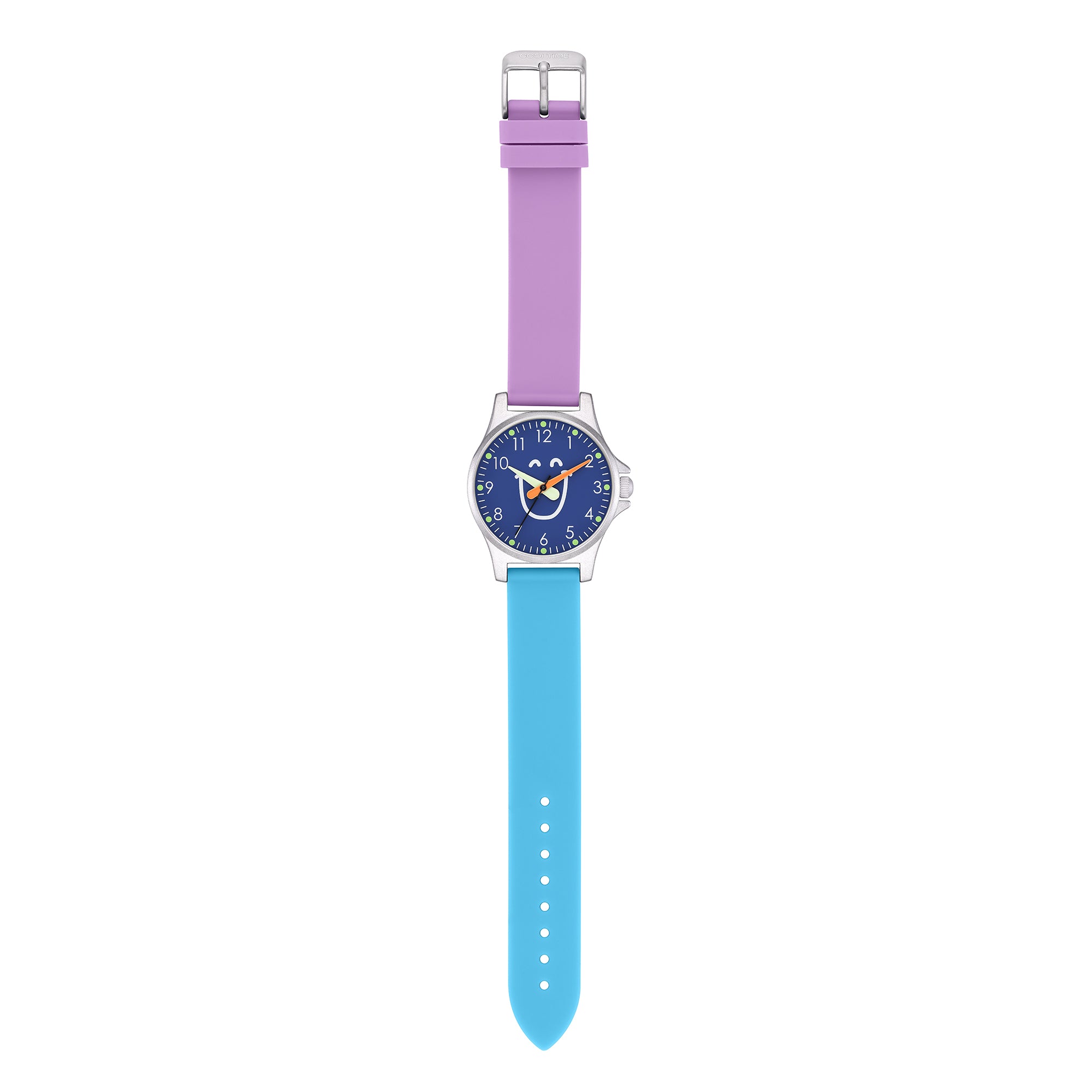 Cool Time Kids Armbanduhr mit lila Zifferblatt mit Smiley-Motiv, silbernem Gehäuse und lila-blauem Silikongehäuse; Produktbild