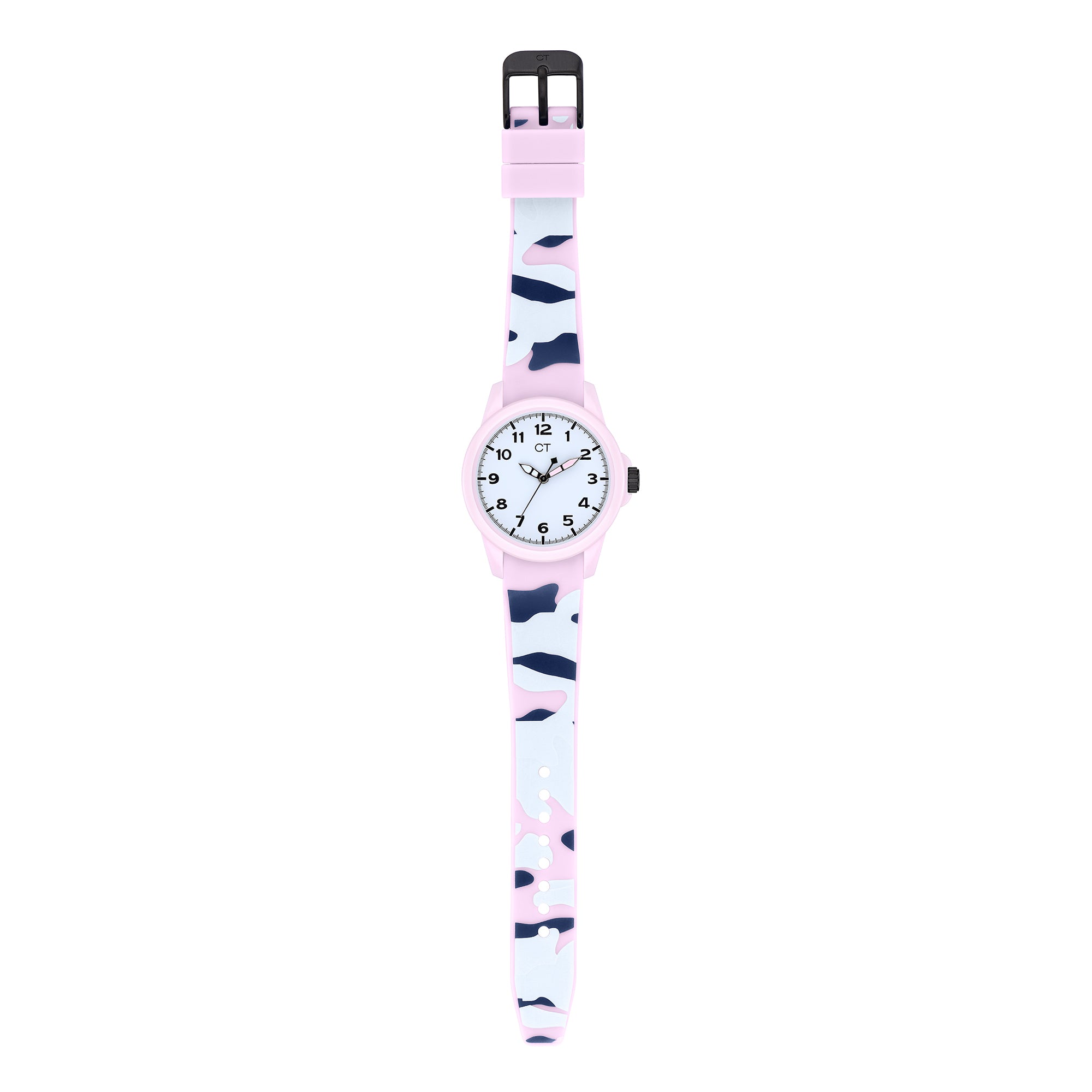Cool Time Kids Armbanduhr mit hellblauem Zifferblatt, rosa Kunststoffehäuse und Silikonband im Camouflage-Design in den Farben blau und hellblau; Produktbild