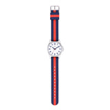 Cool Time Kids Armbanduhr mit blauen Indizes, silbernem Gehäuse und blau-rot getsreiftem Textilband; Produktbild