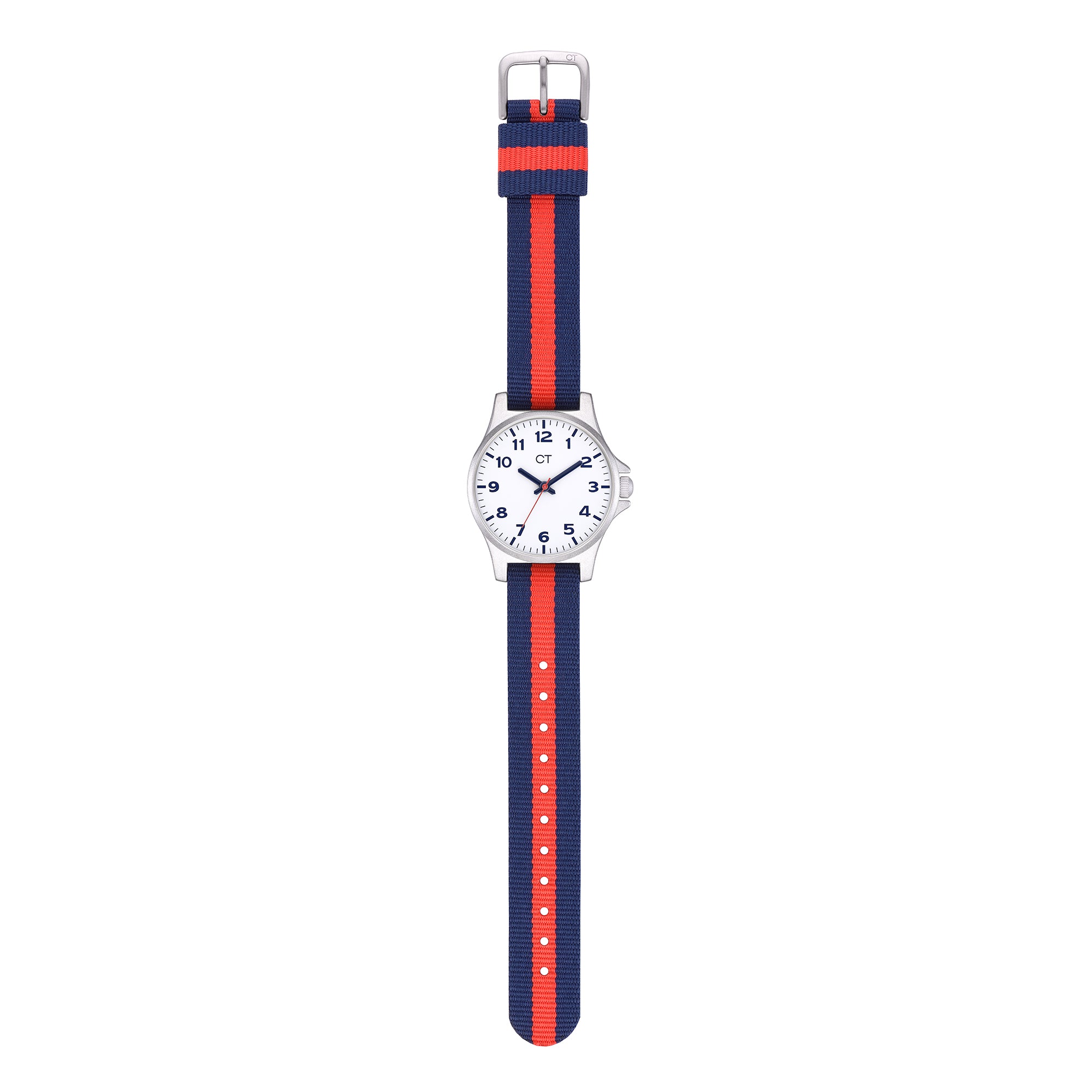 Cool Time Kids Armbanduhr mit blauen Indizes, silbernem Gehäuse und blau-rot getsreiftem Textilband; Produktbild