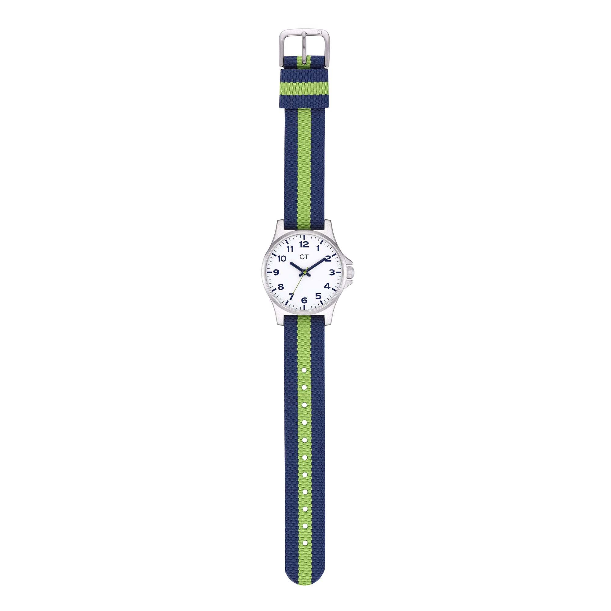 Cool Time Kids Armbanduhr mit blauen Indizes, silbernem Gehäuse und blau-grün getsreiftem Textilband; Produktbild