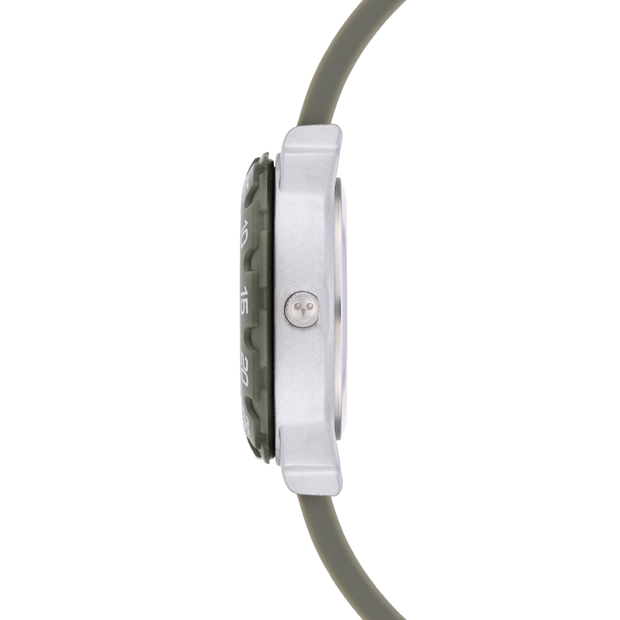 Seitenansicht der Cool Time Kids Armbanduhr - The Cool Dinosaur von Cool Time, mit grünem Armband, silbernem Gehäuse und verspieltem Dinosaurier-Design - ideal als Geschenk. Weißer Hintergrund.