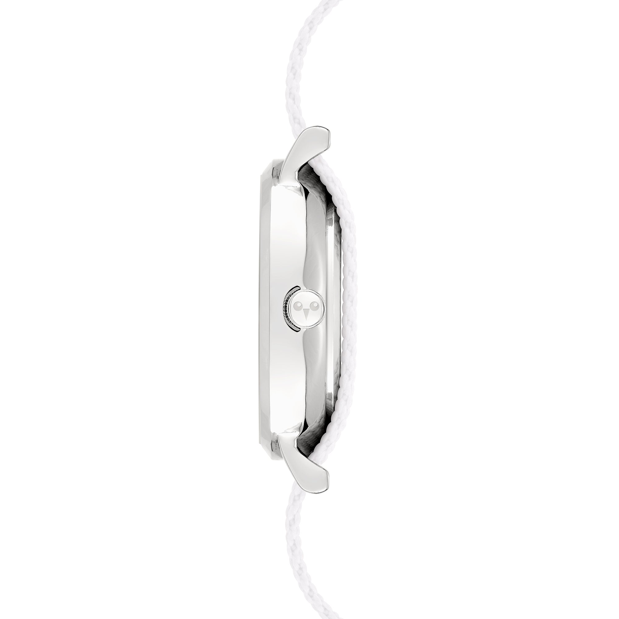 Cool Time Kids Armbanduhr mit Affen-Design auf dem Zifferblatt, silbernem Gehäuse und weißem Textilarmband mit kleinen bunten Flecken; Seitenansicht