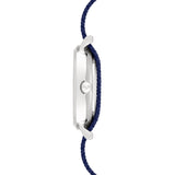 Cool Time Kids Armbanduhr mit silbernem Zifferblatt und blauem Textilband mit kleinen, weißen Sternen; Seitenansicht