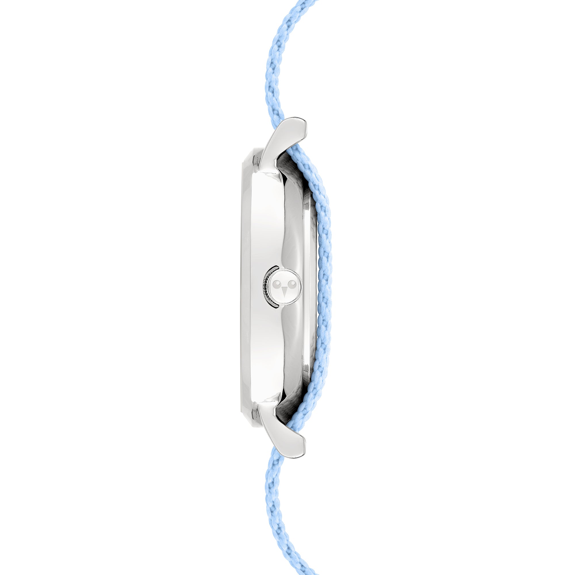 Cool Time Kids Armbanduhr mit rosa Indizes, silbernem Gehäuse und blau-weiß gestreiftem Textilband; Seitenansicht