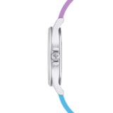 Cool Time Kids Armbanduhr mit lila Zifferblatt mit Smiley-Motiv, silbernem Gehäuse und lila-blauem Silikongehäuse; Seitenansicht