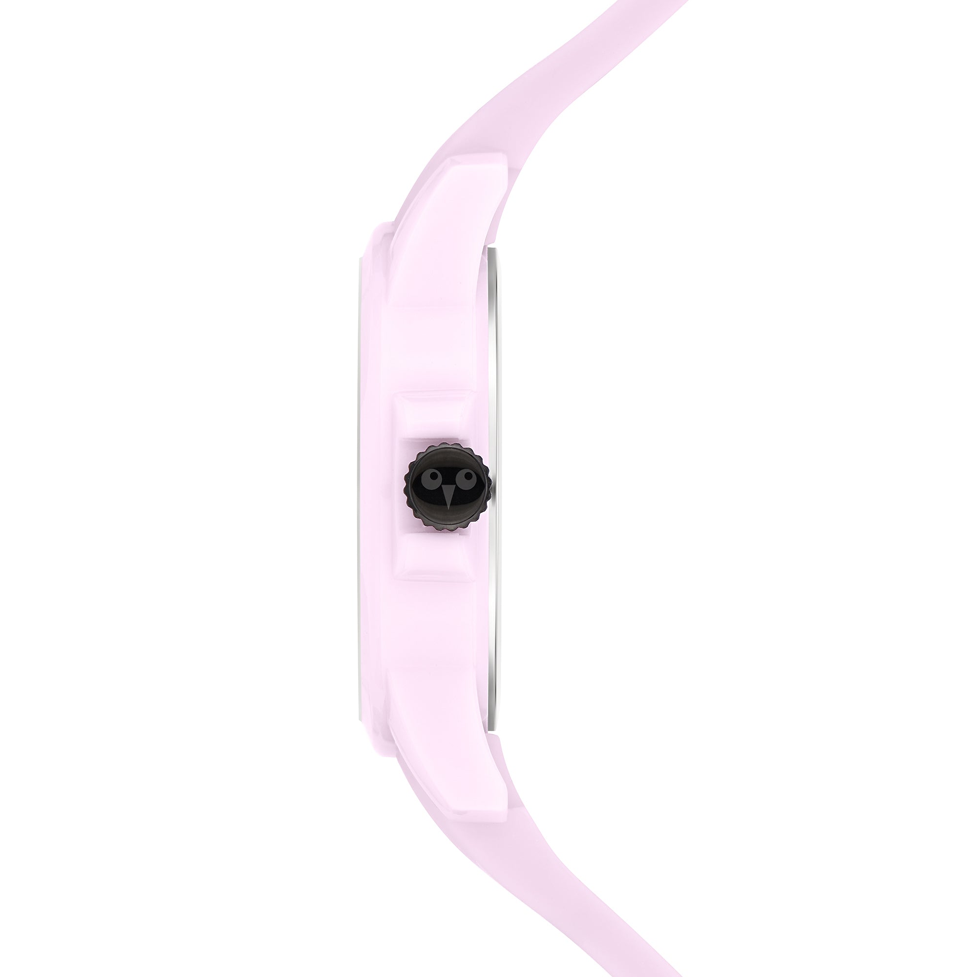 Seitenansicht der Cool Time Kids Armbanduhr - The Cool Pink Camouflage von Cool Time, mit rosa Tarnmuster, schwarzer Krone und rundem Gesicht - ein ideales Geschenk für Kinder.