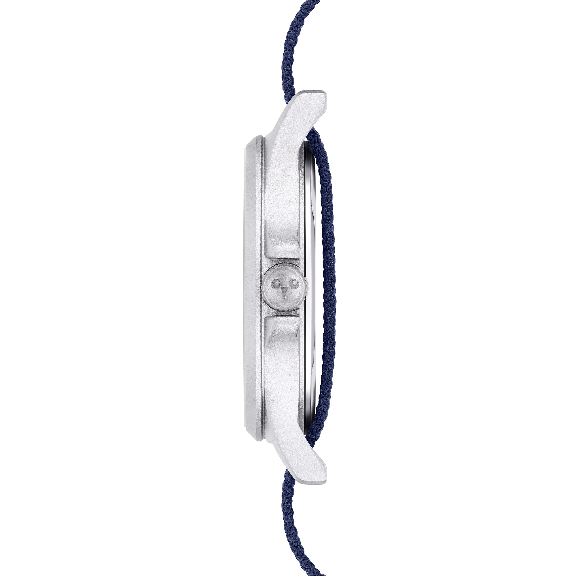 Cool Time Kids Armbanduhr mit blauen Indizes, silbernem Gehäuse und blau-rot getsreiftem Textilband; Seitenansicht