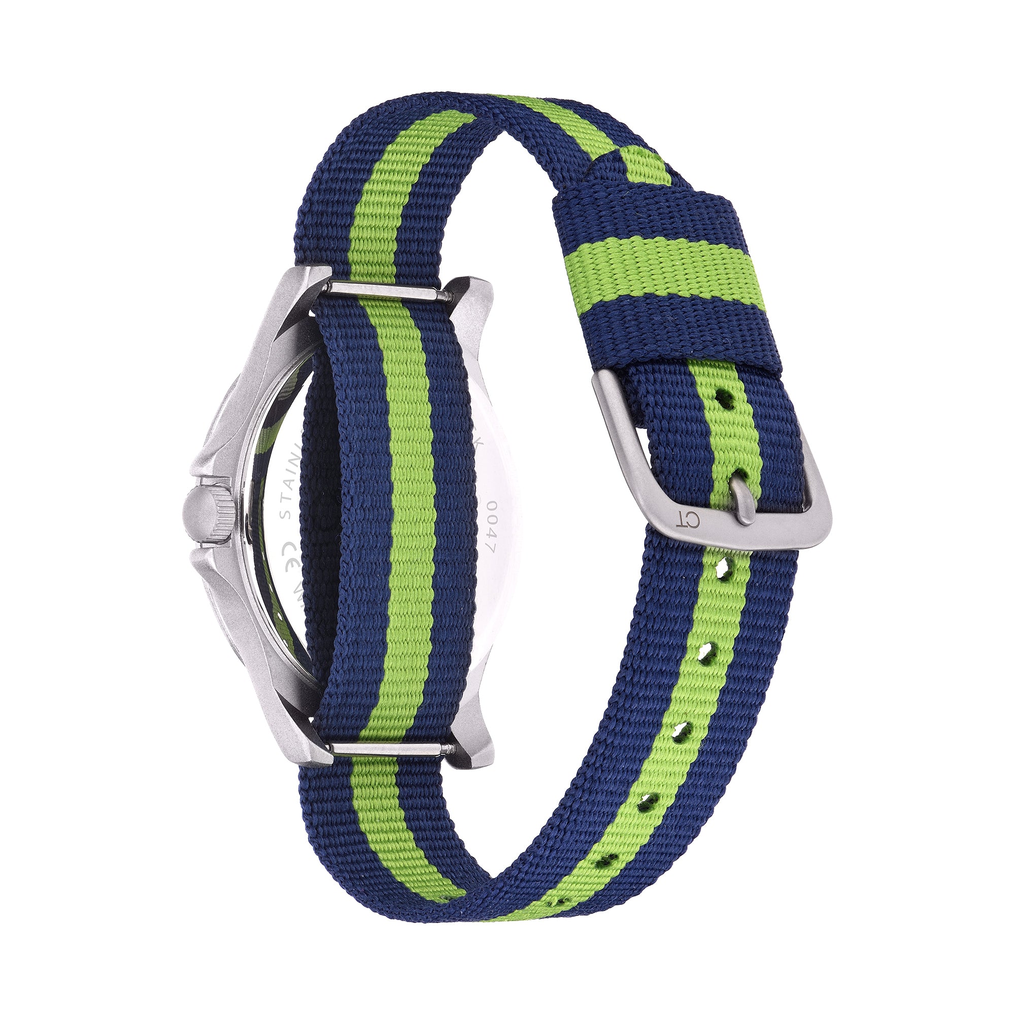 Cool Time Kids Armbanduhr mit blauen Indizes, silbernem Gehäuse und blau-grün getsreiftem Textilband; Rückansicht