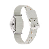 Cool Time Kids Armbanduhr mit Monster-Design auf dem Zifferblatt, silbernem Gehäuse und grauem Textilband; Rückansicht