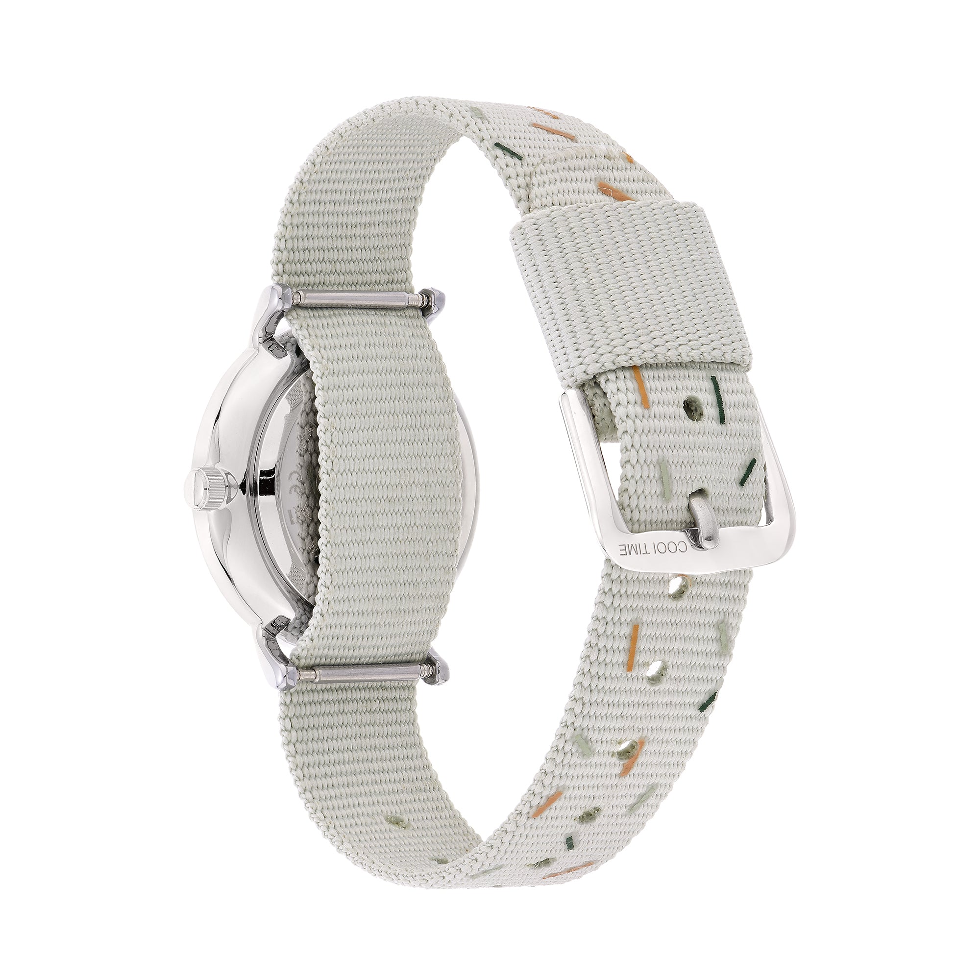 Cool Time Kids Armbanduhr mit Monster-Design auf dem Zifferblatt, silbernem Gehäuse und grauem Textilband; Rückansicht