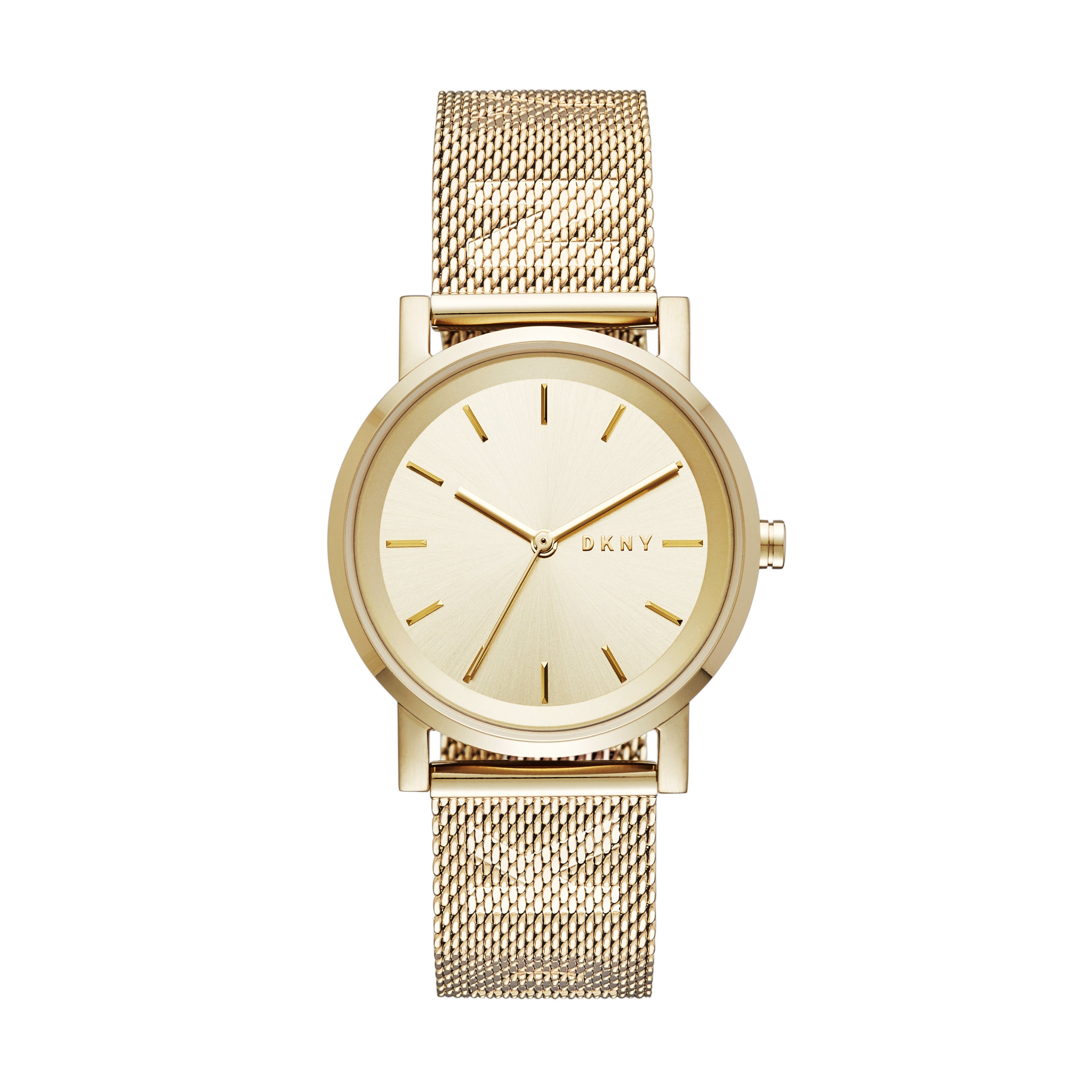 DKNY Armbanduhr mit Sunray-Ziffernblatt, goldenem Gehäuse und goldenem Milanaiseband Produktbild