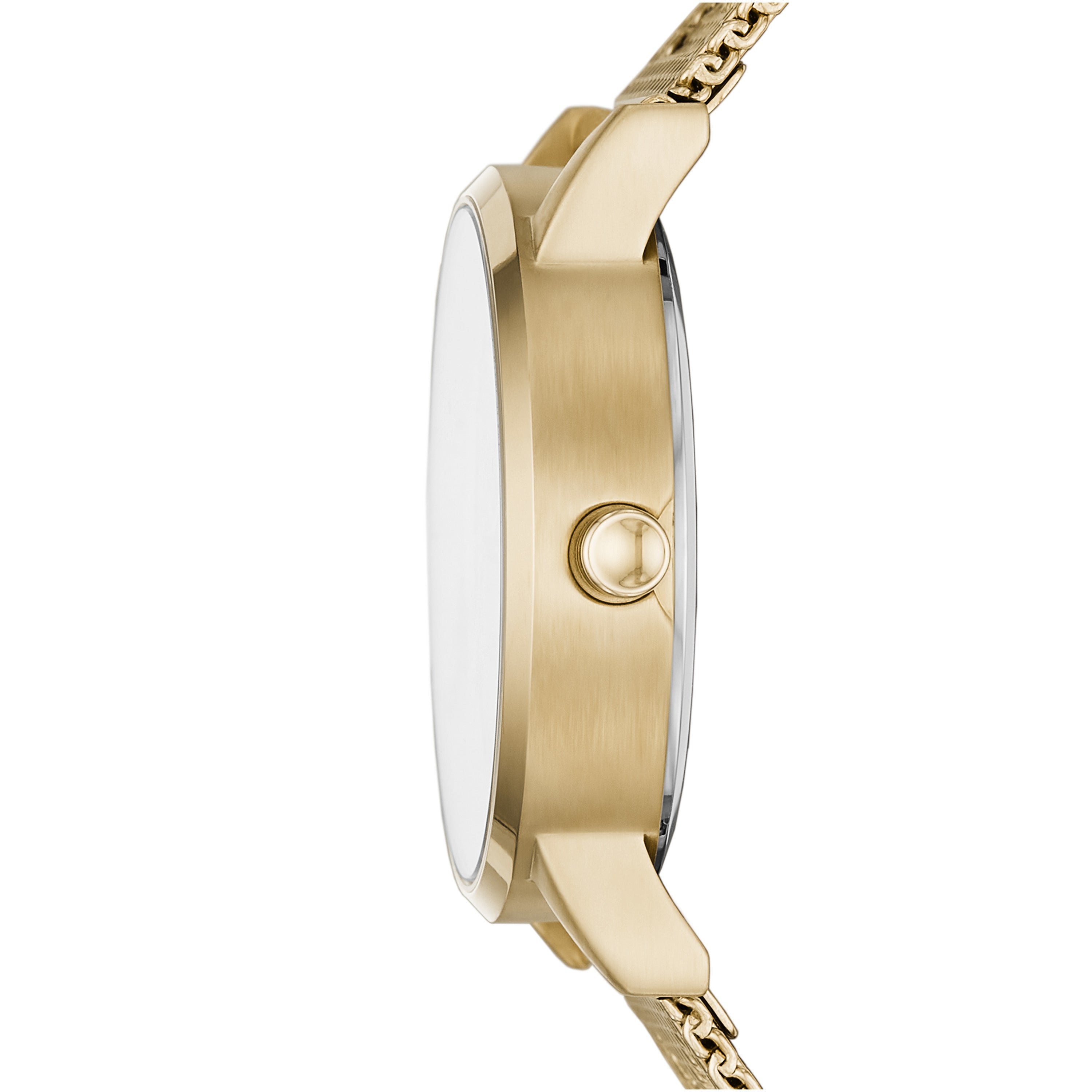 Seitenansicht der DKNY Armbanduhr - Der DKNY Milanaise Allrounder in Goldfarbe, mit einem runden Gehäuse und einem eleganten Milanaiseband.