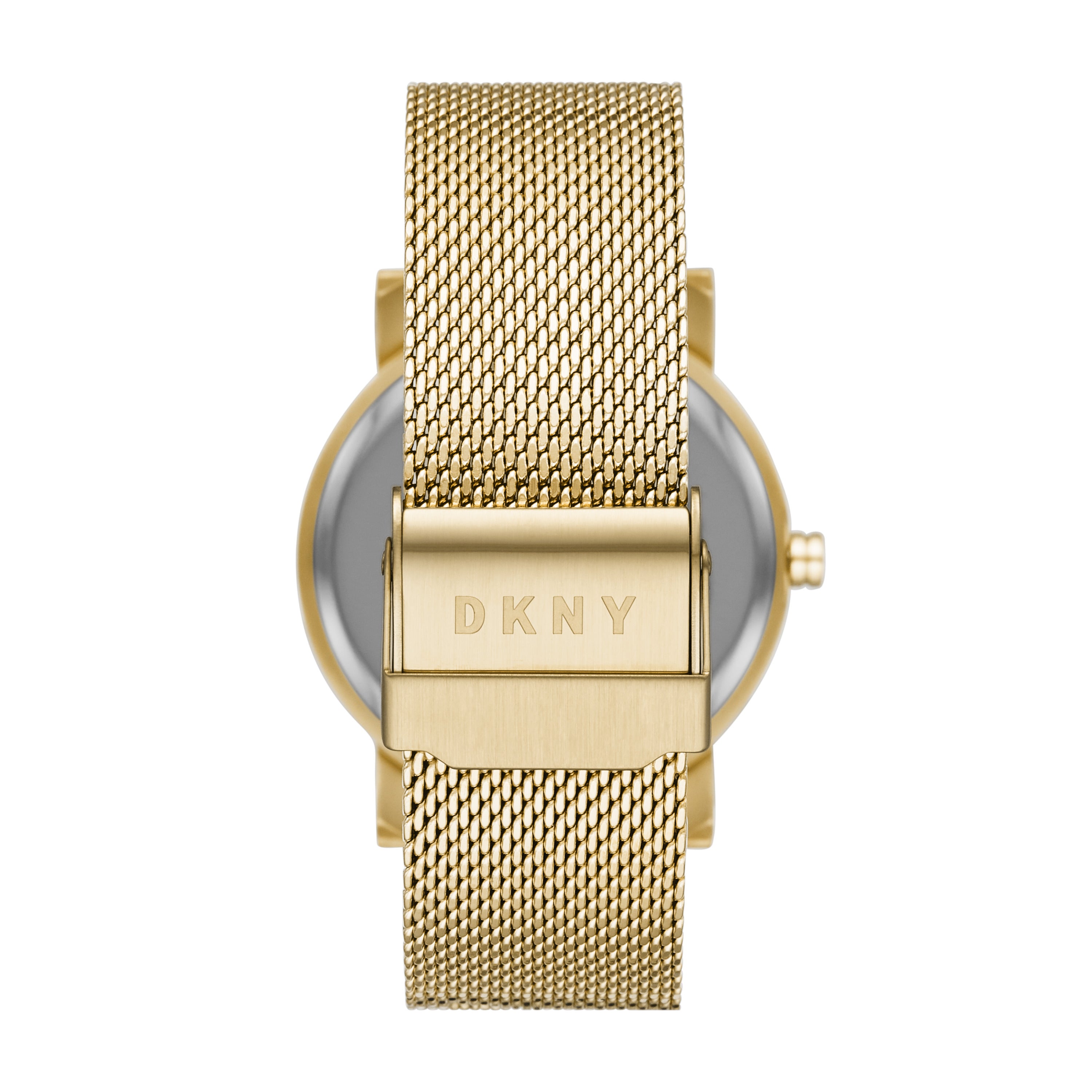Goldfarbene DKNY Armbanduhr - The DKNY Milanaise Allrounder, mit elegantem Milanaiseband. Das Bild zeigt die Rückseite mit der Schließe und dem DKNY Logo.