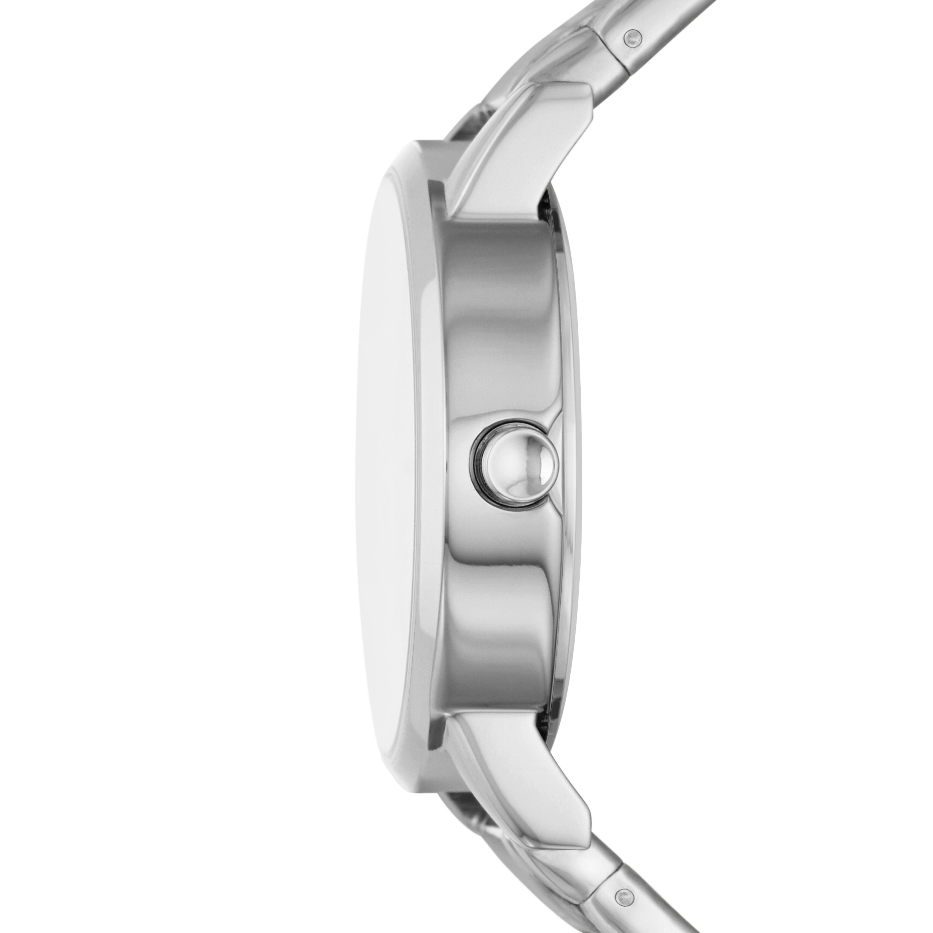 DKNY Armbanduhr mit silbernem Gehäuse und silbernem Edelstahlband Seitenansicht