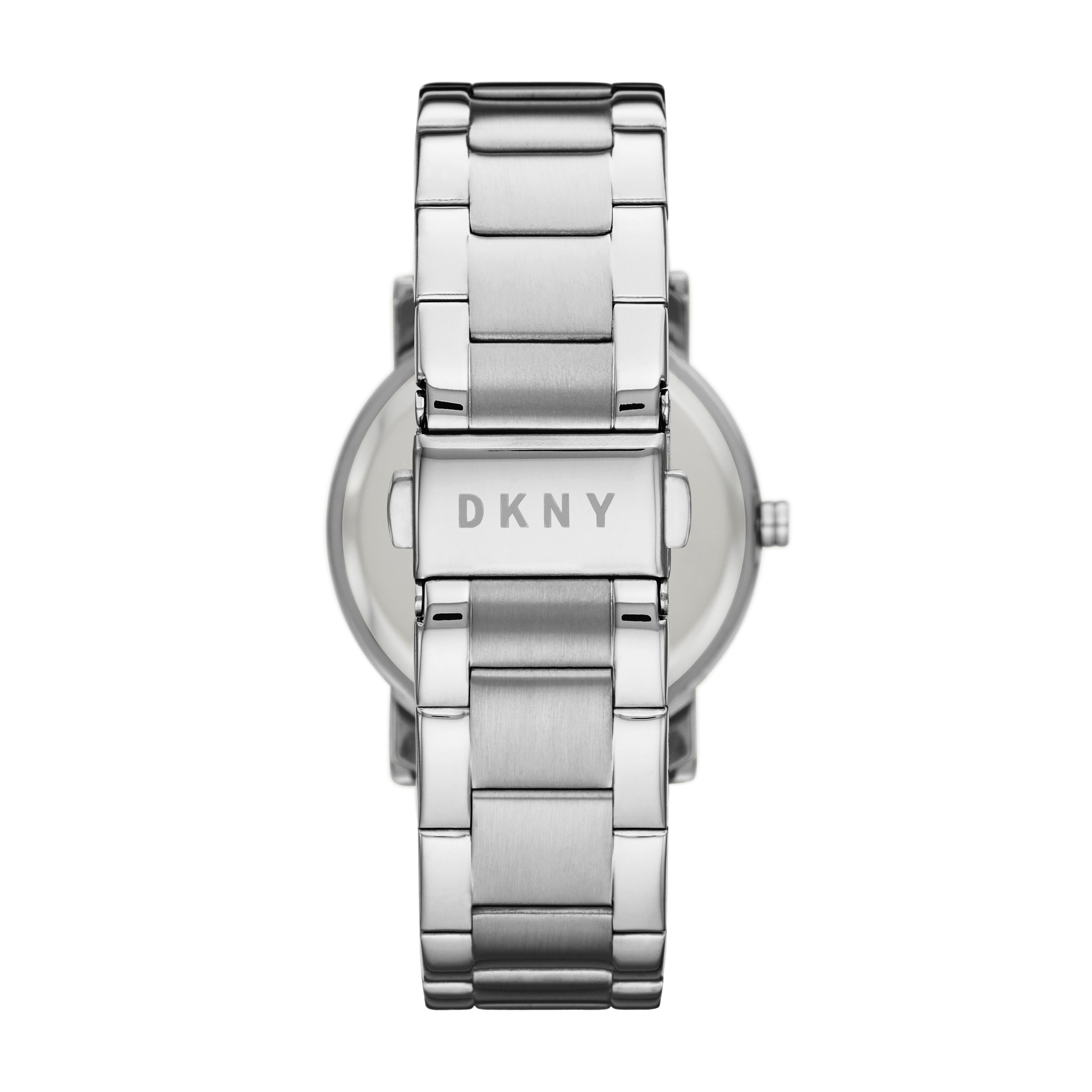 Silberfarbene DKNY Armbanduhr - The Basic Must-Have Minimalist mit schlichtem Design und graviertem DKNY Logo auf der Schließe, Rückansicht.