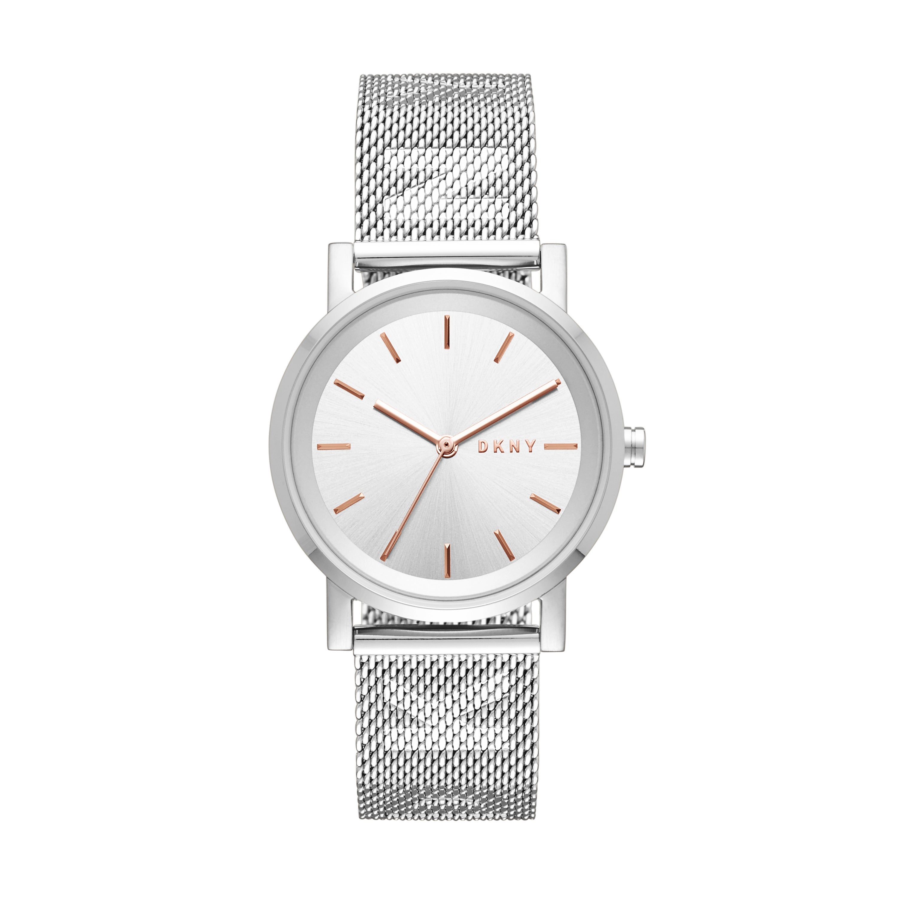 Die DKNY Armbanduhr - Die DKNY Milanaise Allrounder verfügt über ein silbernes Meshband und ein rundes Zifferblatt mit roségoldenen Stundenmarkierungen und Zeigern - ideal für einen schicken Boyfriend-Look.