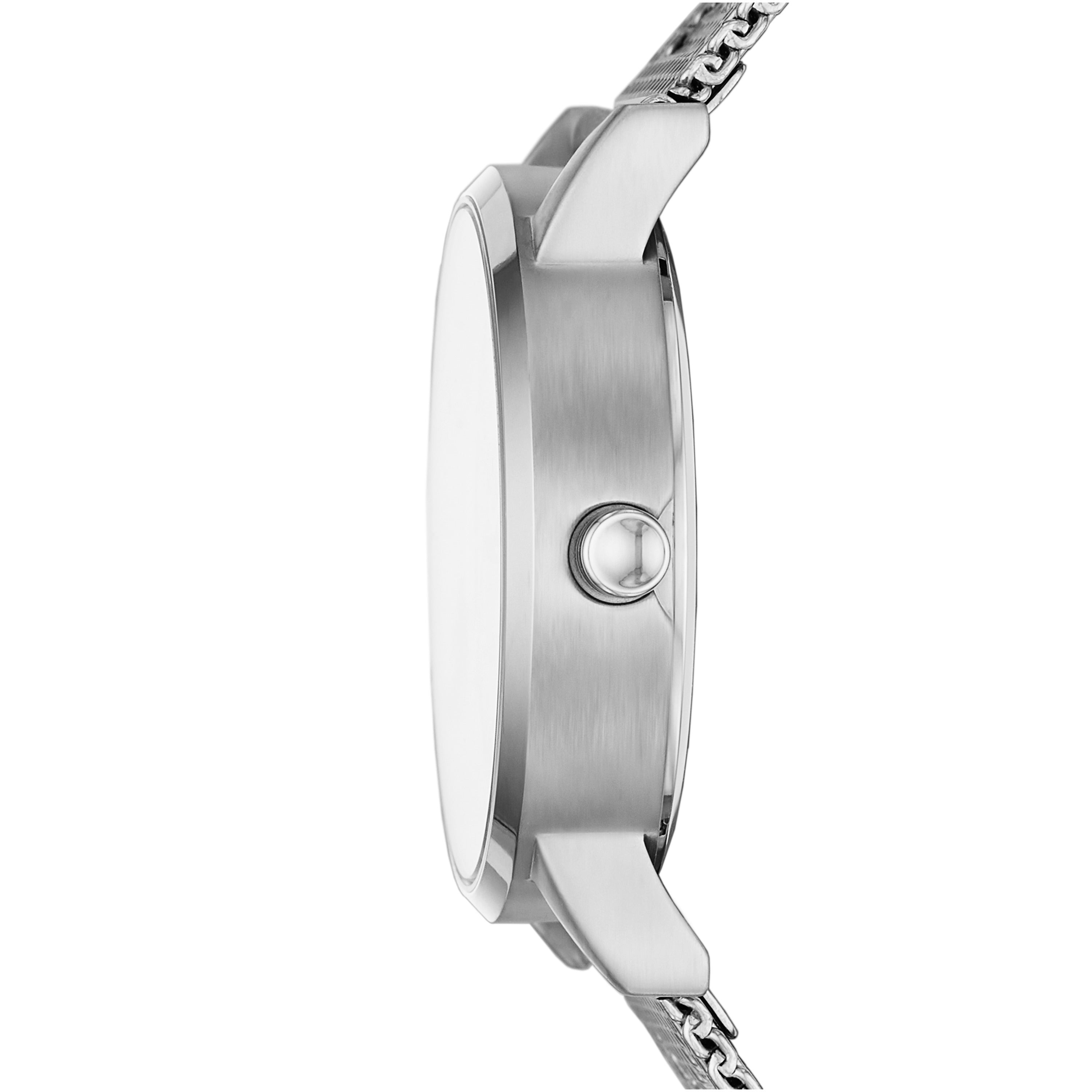 DKNY Armbanduhr mit Sunray-Ziffernblatt, silbernem Gehäuse und silbernem Milanaiseband Tragebild