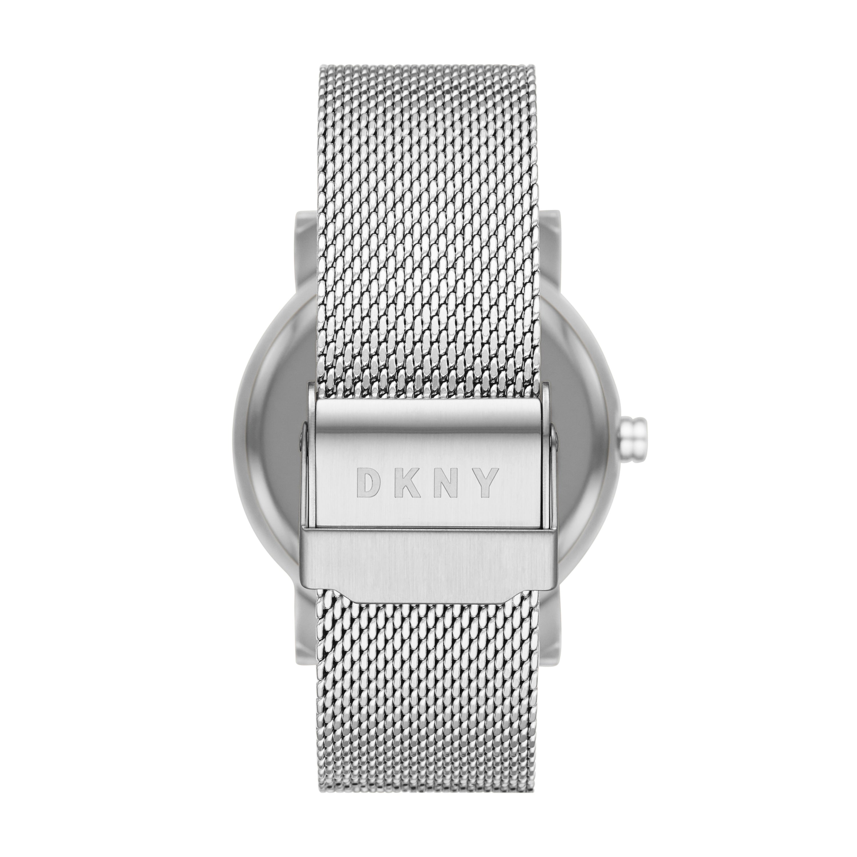Die DKNY Armbanduhr - Die DKNY Milanaise Allrounder verfügt über ein silbernes Netzarmband mit Milanaiseband und Schließe, das von hinten mit einem eingravierten DKNY-Logo versehen ist.